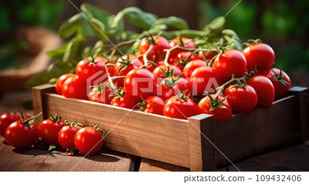 a wooden box full of tomatoes in the garden, - Stock Illustration ...