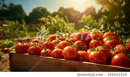 a wooden box full of tomatoes in the garden, a wooden box full of tomatoes in the garden, 109432424