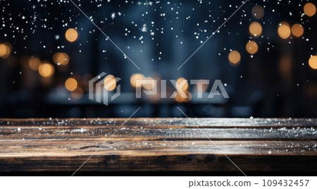 a wooden table in winter with snow falling from it, 109432457
