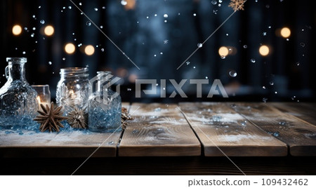 a wooden table in winter with snow falling from it, 109432462