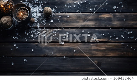 a wooden table in winter with snow falling from it, 109432464