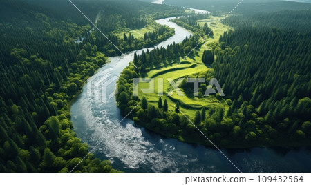 aerial view of a river flowing in middle of a forest, aerial view of a river flowing in middle of a forest, 109432564
