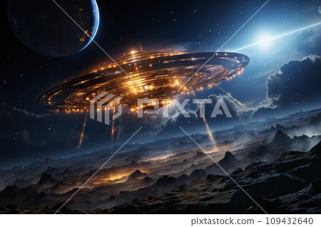 UFO in space. Abstract image of a flying saucer, expansion of the planet. 109432640