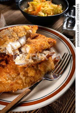 Fried cod fillet. 109432646
