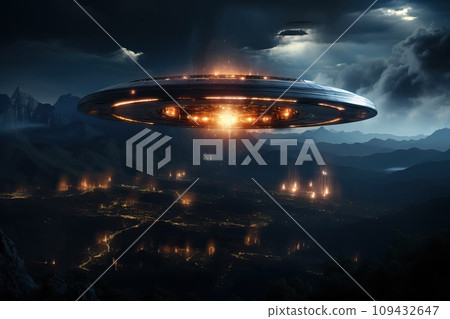 UFO over night city. Abstract image of a flying saucer, expansion of the planet. UFO over night city. Abstract image of a flying saucer, expansion of the planet. 109432647