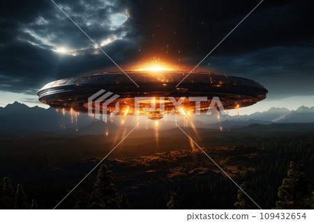 A large UFO in the sky at night. Abstract image of a flying saucer, expansion of the planet. A large UFO in the sky at night. Abstract image of a flying saucer, expansion of the planet. 109432654