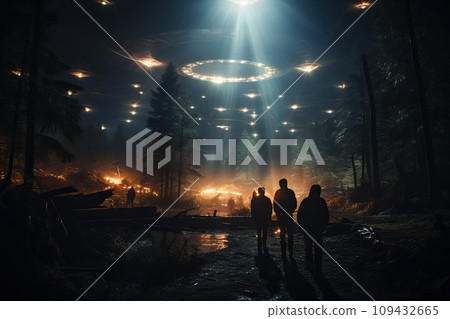 Silhouettes of a group of people looking at a UFO. 109432665