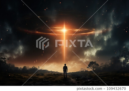 Silhouette of a person standing at night and watching a UFO. Abstract image of a flying saucer, expansion of the planet. Silhouette of a person standing at night and watching a UFO. Abstract image of a flying saucer, expansion of the planet. 109432670