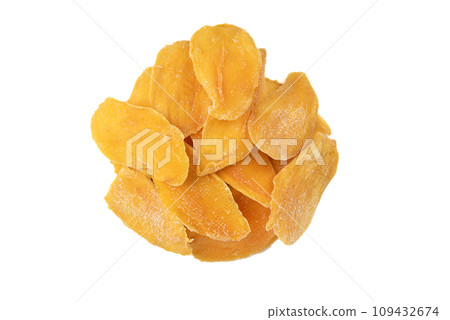 Top view of sliced dried mango isolated on white background. Top view of sliced dried mango isolated on white background. 109432674