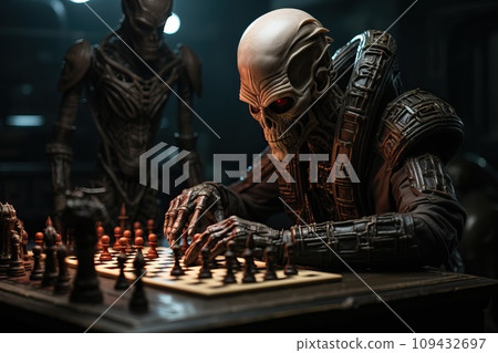 An alien is playing chess with a human An alien is playing chess with a human 109432697