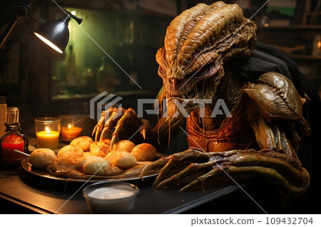 Aliens eat human food. A monster in a restaurant. 109432704