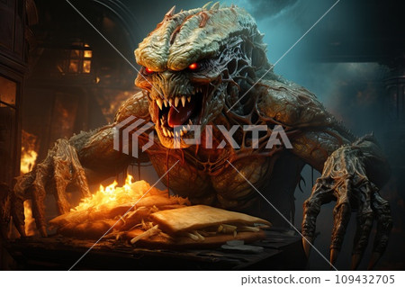 Aliens eat human food. A monster in a restaurant. 109432705