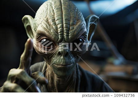 A wrinkled alien shows an index finger. 109432736