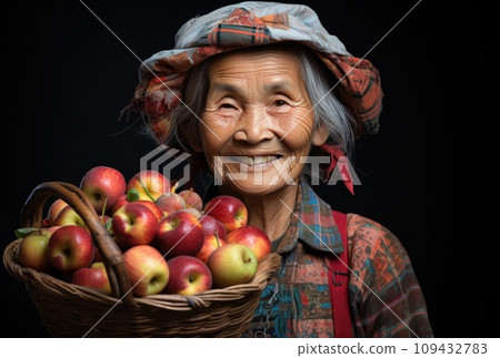 an elderly woman smiling with a basket full of apples, an elderly woman smiling with a basket full of apples, 109432783
