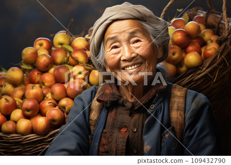 an elderly woman smiling with a basket full of apples, 109432790