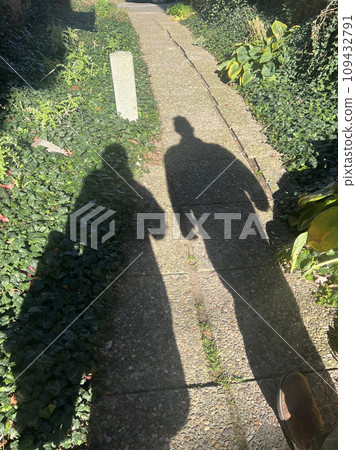 Shadows of two people moving on the road on a sunny day Shadows of two people moving on the road on a sunny day 109432791