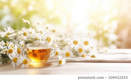 chamomile tea on white table with some flowers, chamomile tea on white table with some flowers, 109432835
