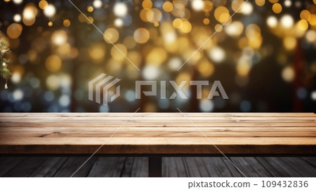 an empty wooden table top on a terrace. In the background, an empty wooden table top on a terrace. In the background, 109432836