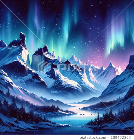 Beautiful night view of winter snowy mountains and snowy scenery, starry sky, background, landscape, generated AI illustration Beautiful night view of winter snowy mountains and snowy scenery, starry sky, background, landscape, generated AI illustration 109432893