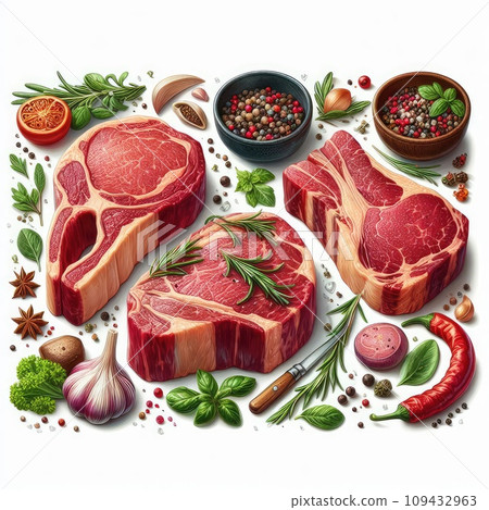 Raw meat, fresh pork vacuum-packed in polythene, isolated on white background. Set for design. 109432963