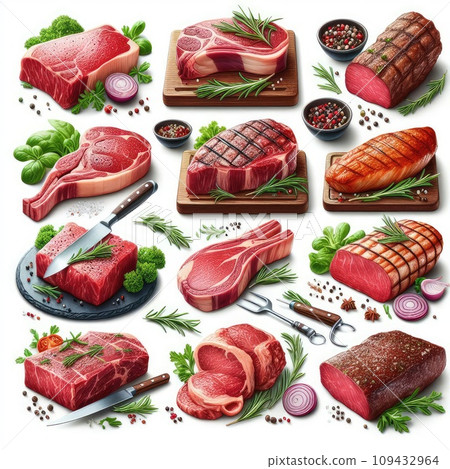 Raw meat, fresh pork vacuum-packed in polythene, isolated on white background. Set for design. 109432964