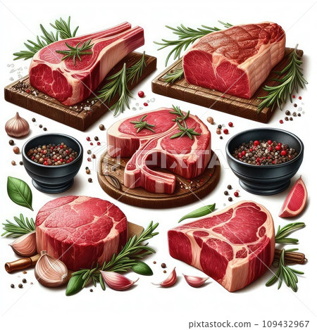 Raw meat, fresh pork vacuum-packed in polythene, isolated on white background. Set for design. 109432967