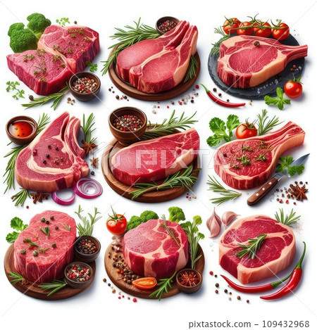 Raw meat, fresh pork vacuum-packed in polythene, isolated on white background. Set for design. 109432968