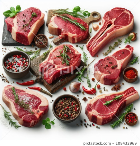 Raw meat, fresh pork vacuum-packed in polythene, isolated on white background. Set for design. 109432969