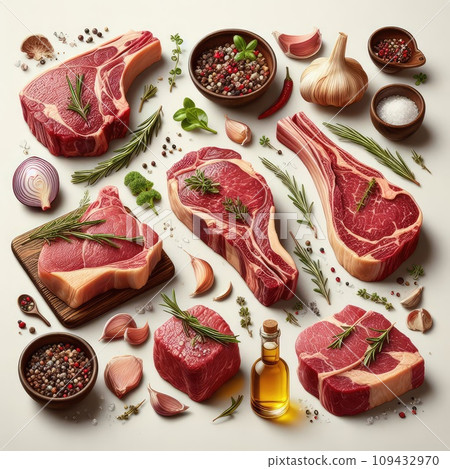 Raw meat, fresh pork vacuum-packed in polythene, isolated on white background. Set for design. 109432970