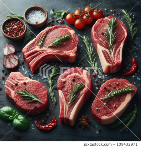 Raw meat, fresh pork vacuum-packed in polythene, isolated on white background. Set for design. 109432971