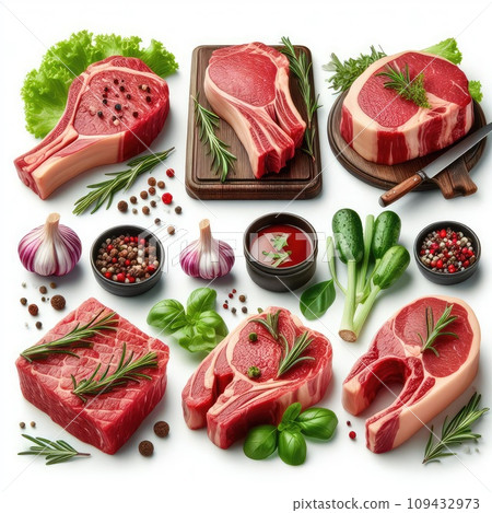 Raw meat, fresh pork vacuum-packed in polythene, isolated on white background. Set for design. 109432973