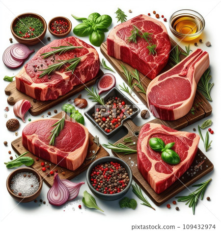 Raw meat, fresh pork vacuum-packed in polythene, isolated on white background. Set for design. 109432974