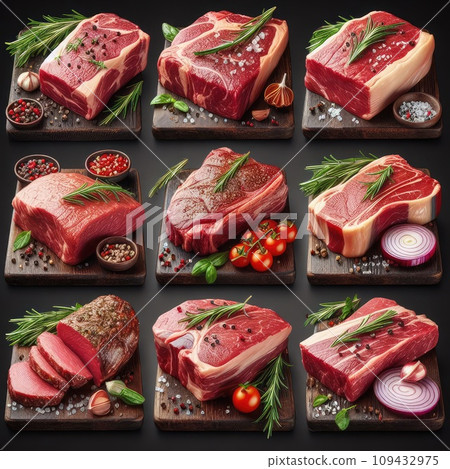 Raw meat, fresh pork vacuum-packed in polythene, isolated on white background. Set for design. 109432975
