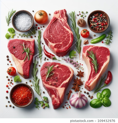 Raw meat, fresh pork vacuum-packed in polythene, isolated on white background. Set for design. 109432976