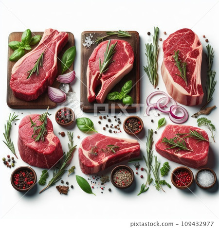 Raw meat, fresh pork vacuum-packed in polythene, isolated on white background. Set for design. 109432977