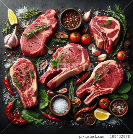 Raw meat, fresh pork vacuum-packed in polythene, isolated on white background. Set for design. 109432978