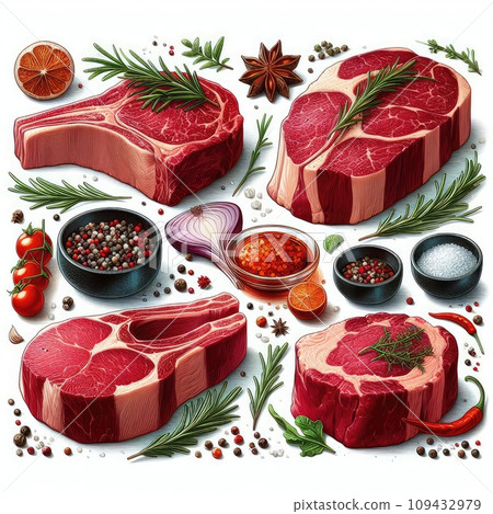 Raw meat, fresh pork vacuum-packed in polythene, isolated on white background. Set for design. 109432979