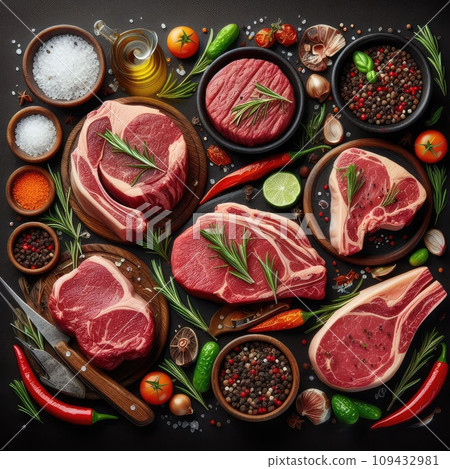 Raw meat, fresh pork vacuum-packed in polythene, isolated on white background. Set for design. 109432981