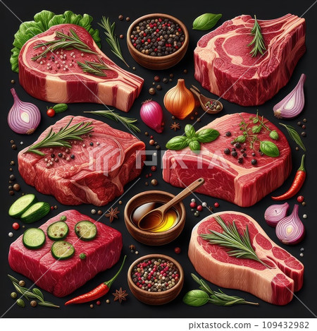 Raw meat, fresh pork vacuum-packed in polythene, isolated on white background. Set for design. 109432982