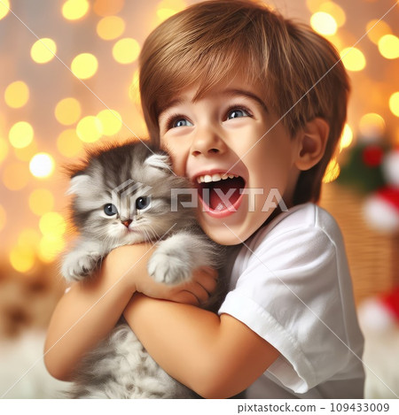 Cute little boy with kitten in hanging chair at home. Childhood pet Cute little boy with kitten in hanging chair at home. Childhood pet 109433009