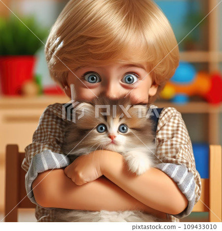 Cute little boy with kitten in hanging chair at home. Childhood pet 109433010