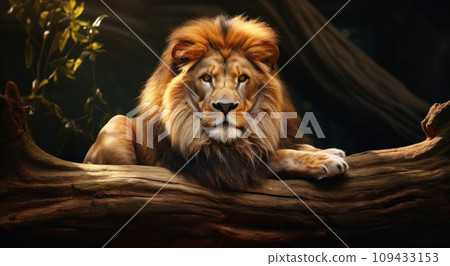 lion laying down on a log, 109433153