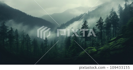fog covers a mountain in a forest, 109433155