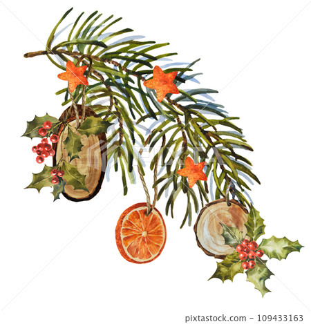 Watercolor Christmas fir branch with wooden toys, holly berries, and dry oranges. Hand painted holiday elements with winter plants isolated on white background. 109433163
