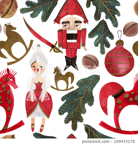 Nutcracker and nuts. Seamless watercolor pattern for New Year and Christmas wrapping paper. Vintage style gifts for children under the Christmas tree. Nutcracker and nuts. Seamless watercolor pattern for New Year and Christmas wrapping paper. Vintage style gifts for children under the Christmas tree. 109433279
