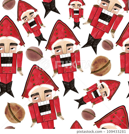 Nutcracker and nuts. Seamless watercolor pattern for New Year and Christmas wrapping paper. Vintage style gifts for children under the Christmas tree. Nutcracker and nuts. Seamless watercolor pattern for New Year and Christmas wrapping paper. Vintage style gifts for children under the Christmas tree. 109433281