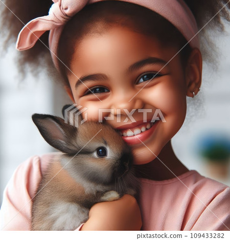 Beautiful young smiling girl is hugging a little grey rabbit; child and rabbit Beautiful young smiling girl is hugging a little grey rabbit; child and rabbit 109433282