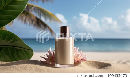 Cosmetic product with blank front, realistic on a mockup template in a sand in a tropical beach Cosmetic product with blank front, realistic on a mockup template in a sand in a tropical beach 109433473