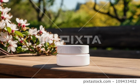 Cosmetic product with blank front, realistic on a mockup template in a wooden table in a spring garden 109433482