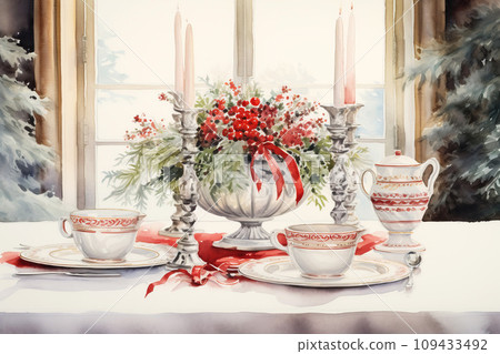 Watercolor painting of a holiday dining table set with vintage china, surrounded by winter foliage, antique style Christmas centerpieces Watercolor painting of a holiday dining table set with vintage china, surrounded by winter foliage, antique style Christmas centerpieces 109433492